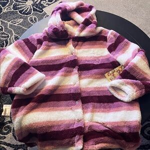 Striped Hooded Fleece Jacket - Pink and White